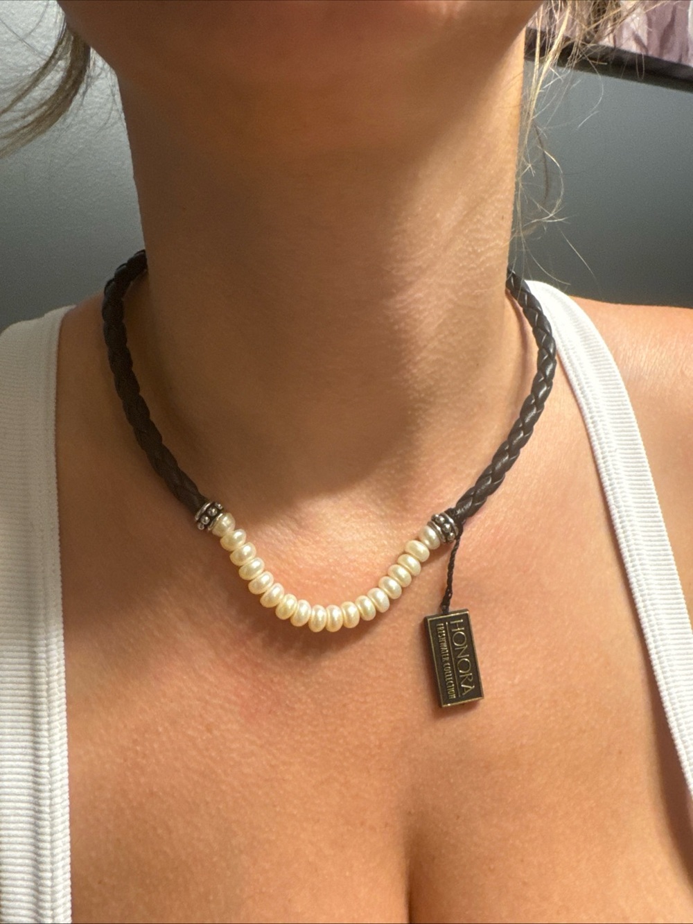Honora Braided Black Leather Pearl Choker Necklace